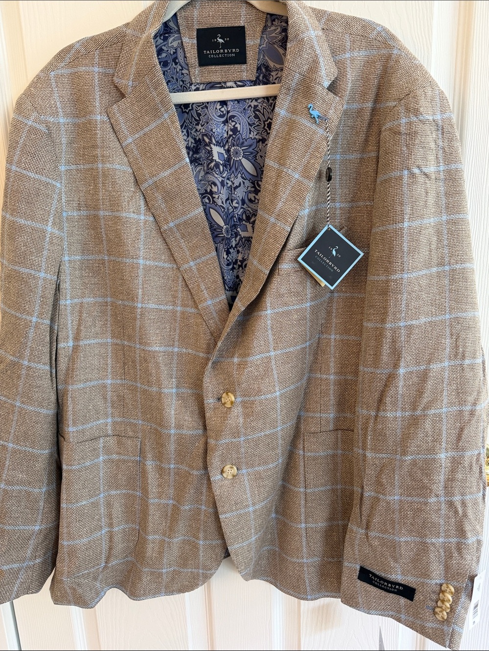 Tailorbyrd Men’s Tan Windowpane Sport Coat with Light Blue Check